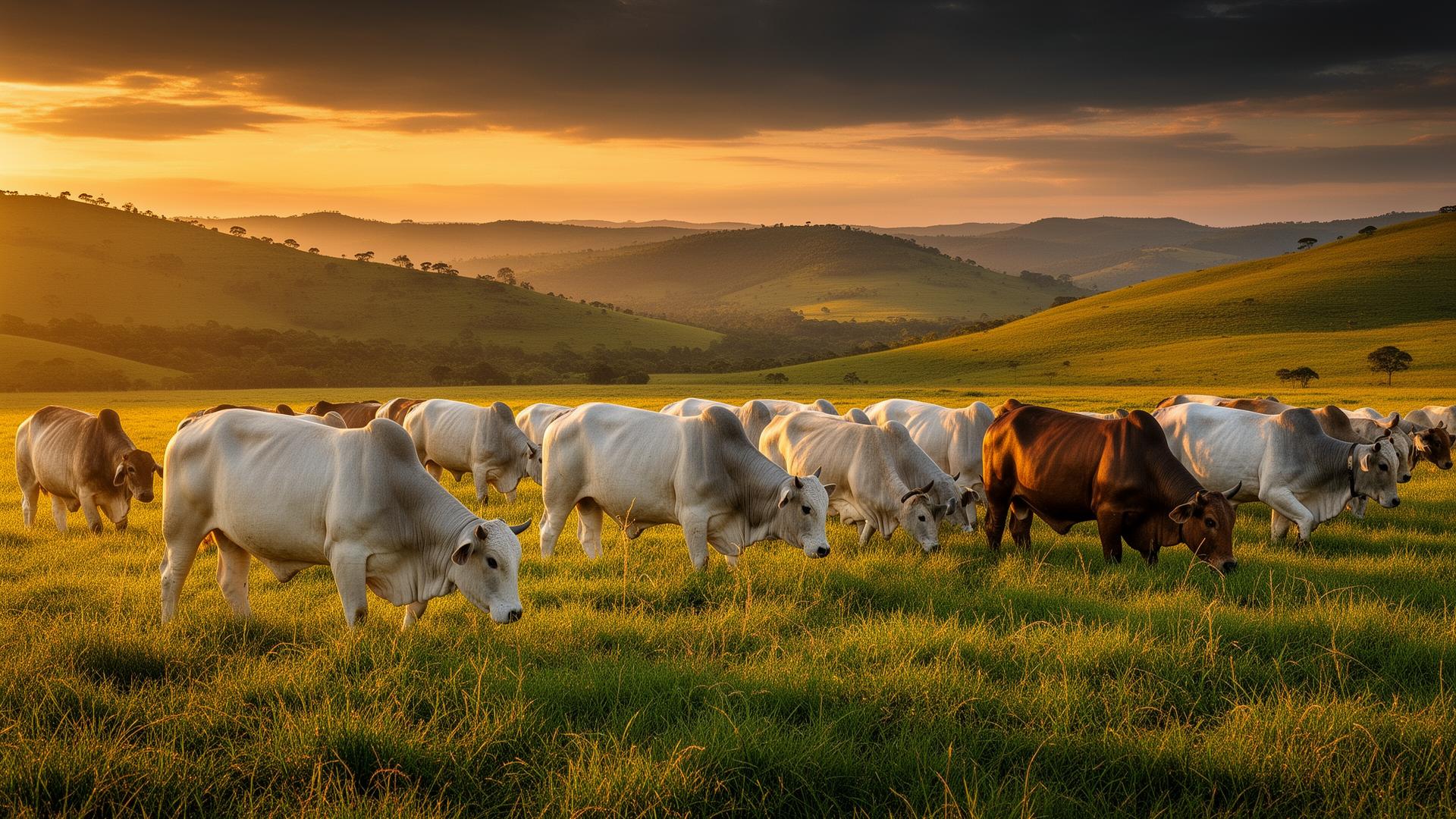 Rebanho bovino em pastagem da G9 Agropecuária ao entardecer